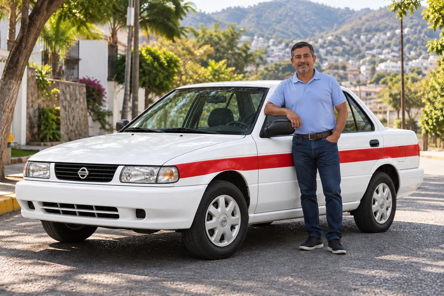 Conductor junto a un taxi blanco con franja roja en una calle arbolada