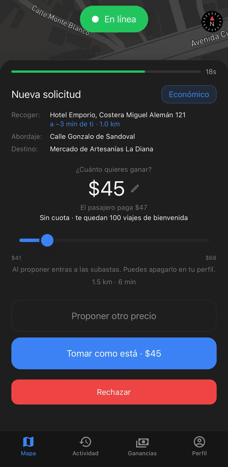 App de conductores: nueva solicitud con recogida, destino, la clase del viaje y cuánto gana el conductor